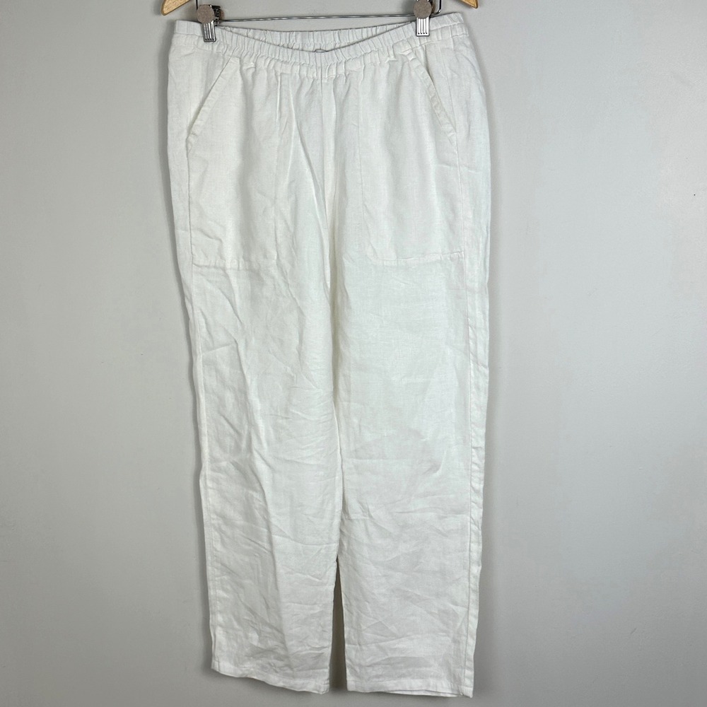 Sympli 100% Linen White Wide‎ Leg Elastic Waist Pants Womens Sz Large Minimalist
